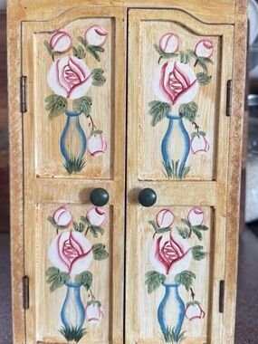 Hand-Painted Floral Jewelry Cabinet in Cream with Pink Roses